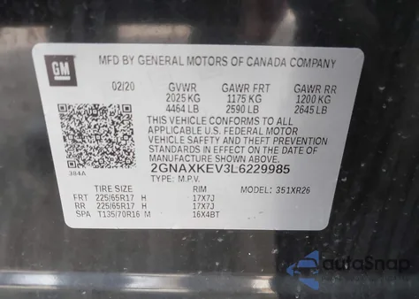 2020 Chevrolet Equinox Fwd Lt 1.5L Turbo from USA, damaged, VIN 2GNAXKEV3L6229985